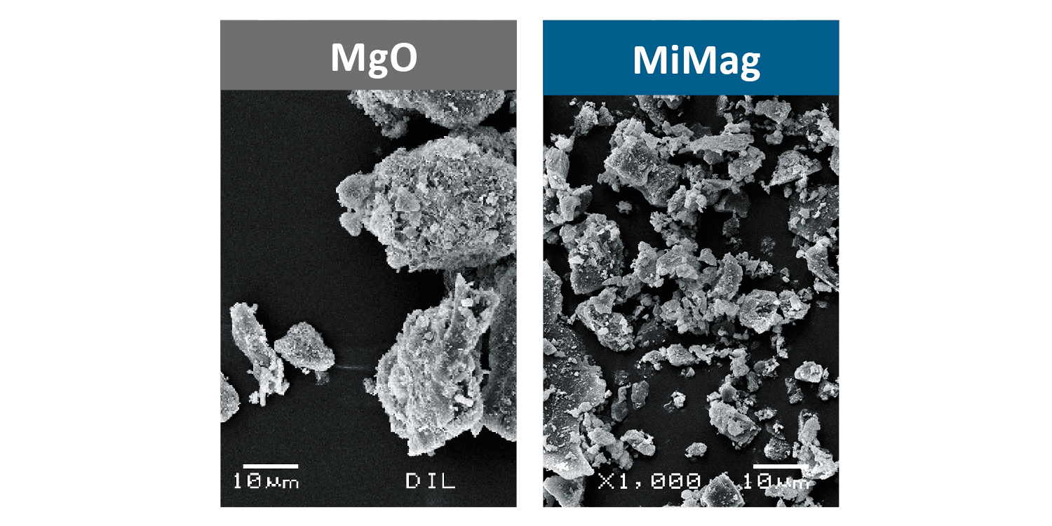 Vue 1 000x de l'oxyde de magnésium et du MiMag (microscope électronique).